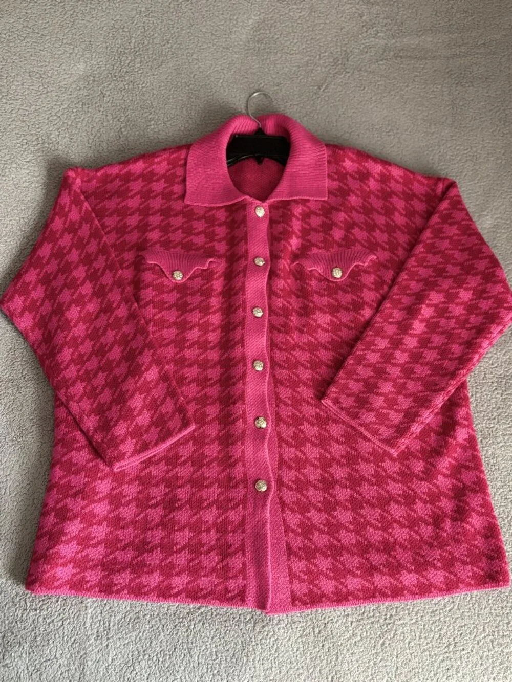 Houndstooth Print Hot Pink Cardigan Chic Sweater Jacket Large
